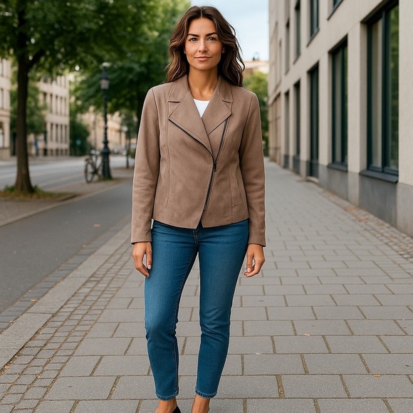 Kut from the Kloth Tan Blazer Asymmetrical Zipper Notched Lapel - Picture 1 of 10